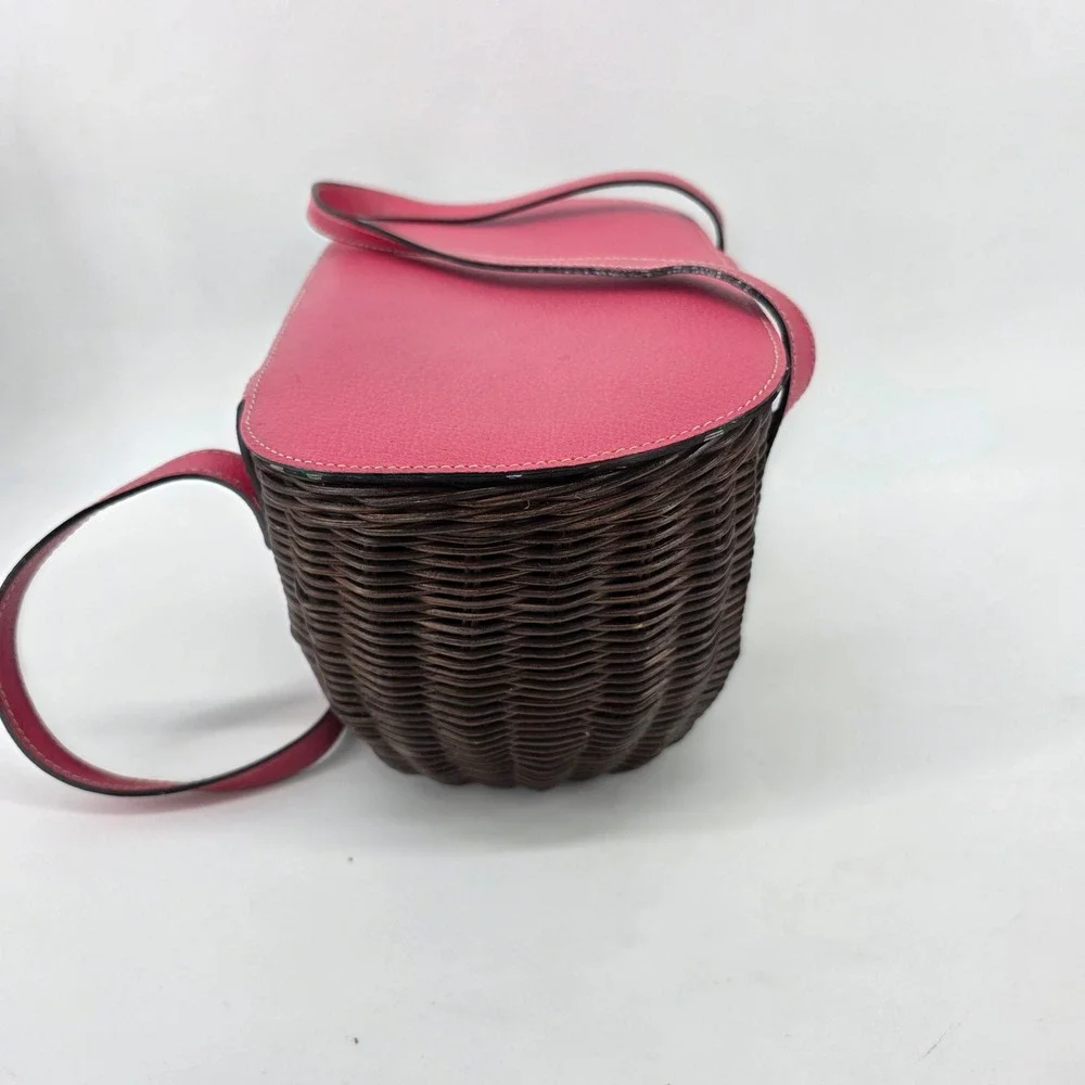 Kate Spade Pink Leather Dark Brown Wicker Picnic Basket Polka Dot Satchel Bag